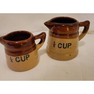 Vintage Brown Pottery Mearsuring Cups Half Cup and Quarter Cup